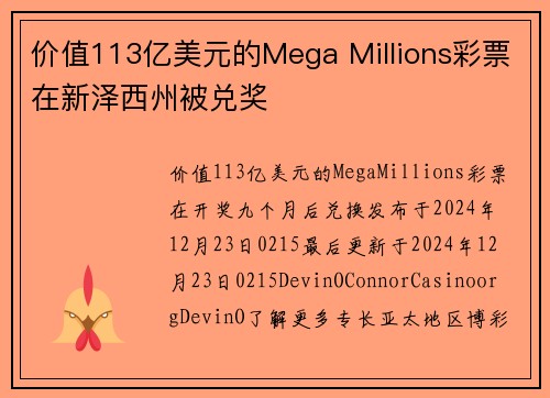 价值113亿美元的Mega Millions彩票在新泽西州被兑奖 